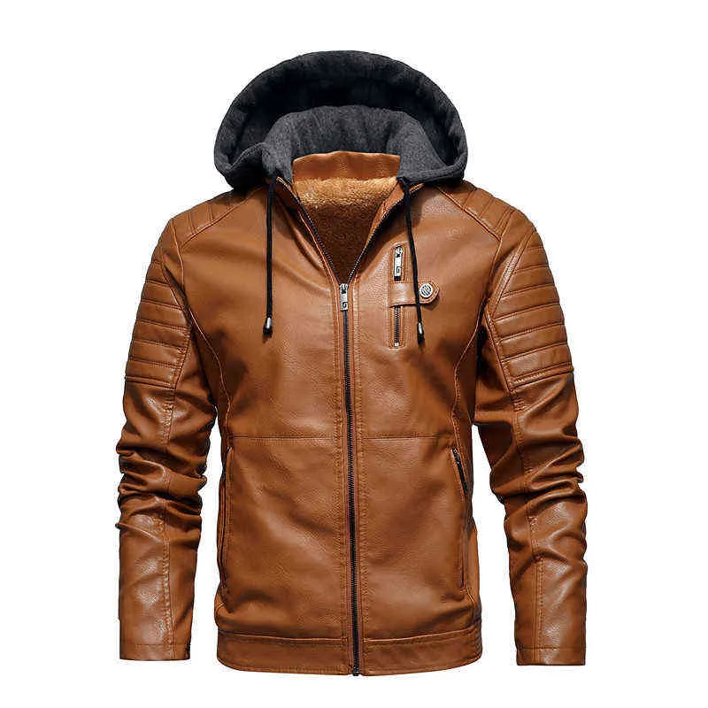 Men's Motorcycle Jacket Hooded Autumn Winter Faux PU Leather Jackets Men Casual Solid Biker Coat Zipper Fleece Coats 211110