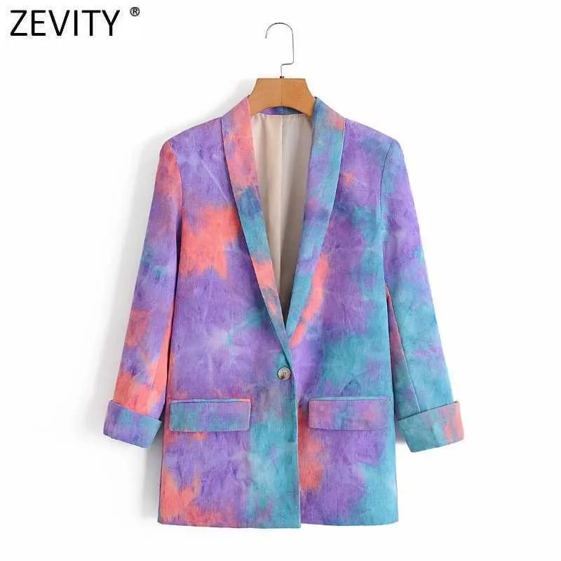 Zevity Damen Vintage Single Button Krawatte gefärbt Malerei Blazer Langarm Büro Damen kausal stilvoll Oberbekleidung Mantel Tops CT552 210603