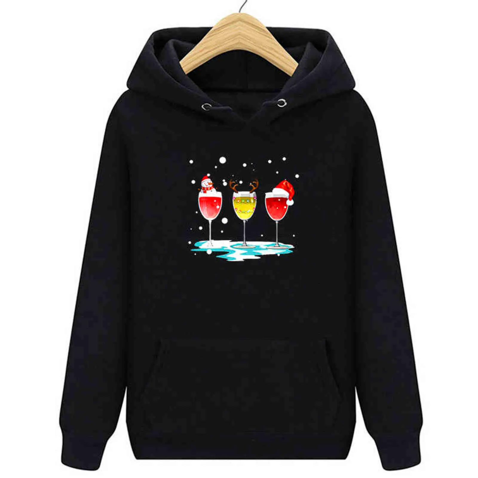 God jul hoodie röd vinglas utskrift hooded sweatshirt mode höst vinter hooded pullover kläder lös hoodie y1118