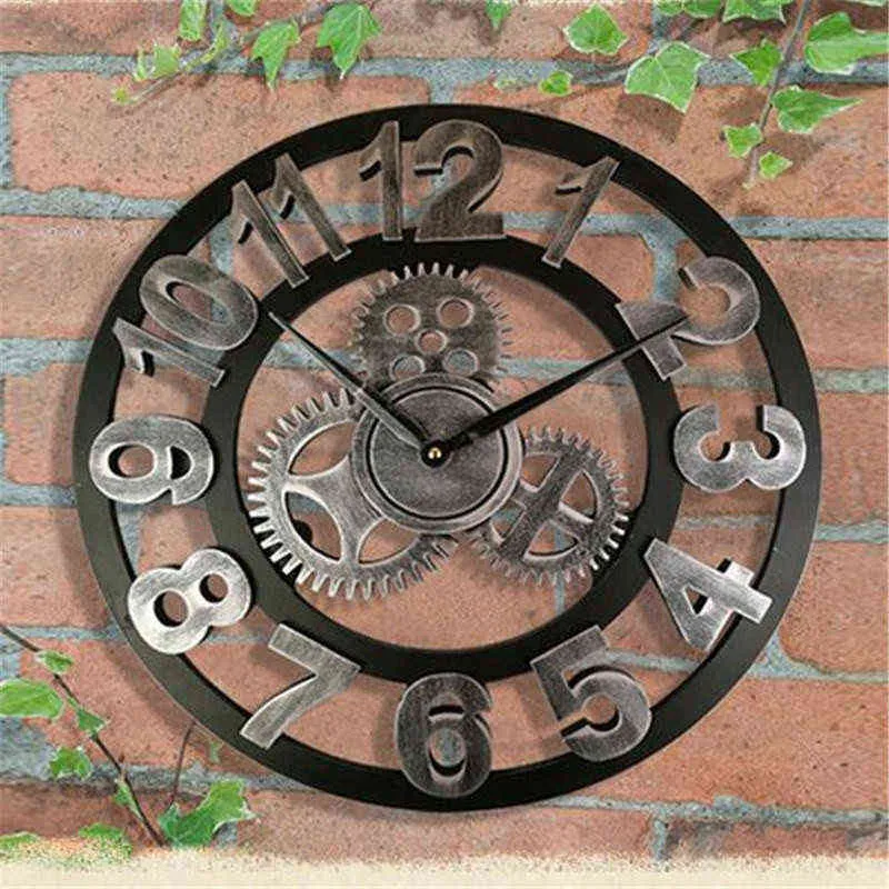 Handmade 3D large vintage quartz wall clock watch decor for living room silent watch wall clock big gear wooden wanduhr klok (2)