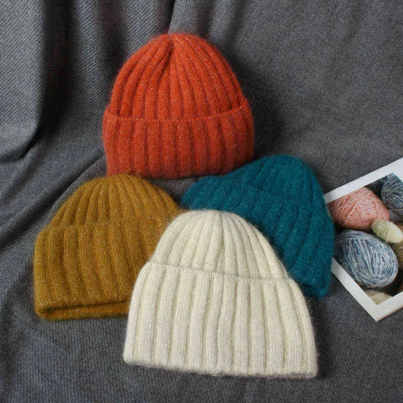 VISROVER 10 couleurs lapin cachemire unisexe femme chapeau d'hiver avec Lurex automne bonnets chaud fourrure Skullies cadeau 211229
