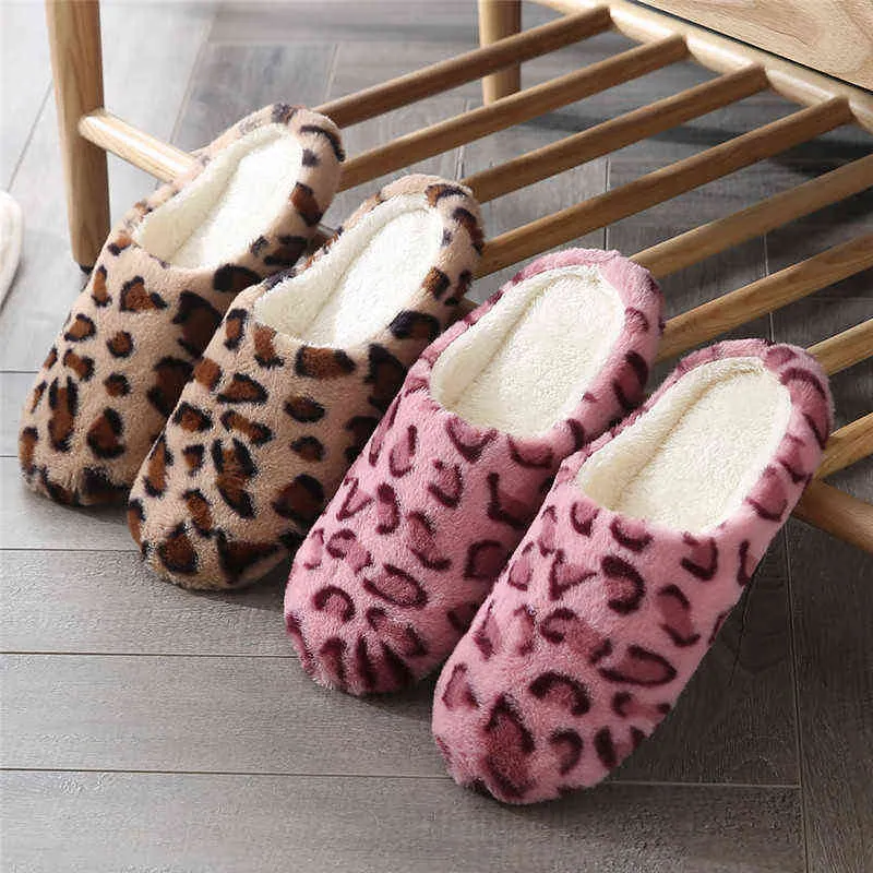 Leopard Soft Bottom Home Tofflor Varma Skor Kvinna Inomhus Golv Tofflor Non-Slips Skor Till Sovrum Hus Ladies Slippers H1115