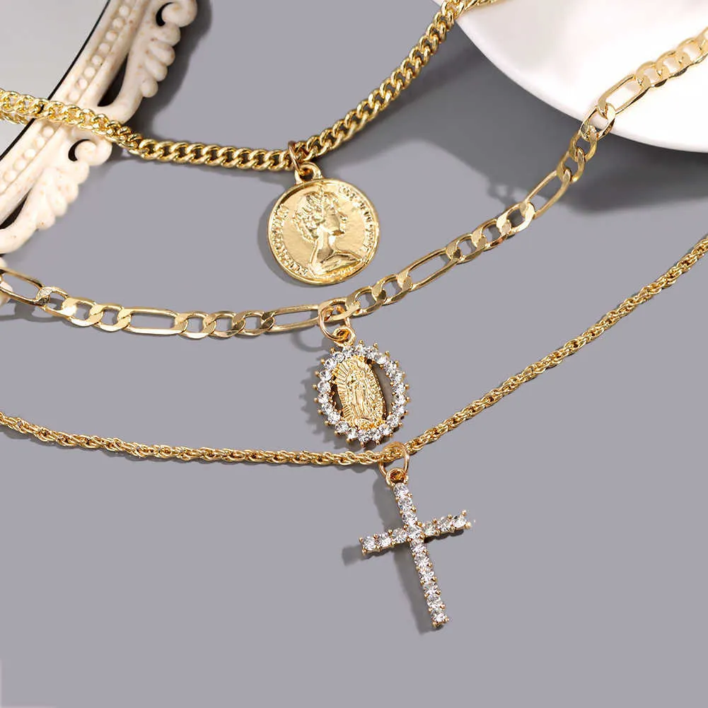 Luxury designer Jewelry Punk Religious Virgin Mary Coin Pendant Chain Necklace Set For Women Golden Multilayered Crystal Long Cha247L4459361