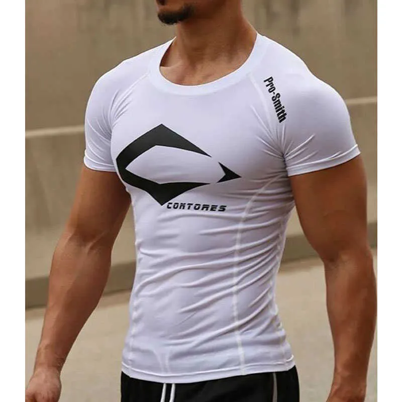 Erkek Hızlı Kuru Spor Baskılı Tees Açık Spor Koşu Tırmanışı Kısa Kollu Gömlek Tayt Vücut Geliştirme Tops 210629