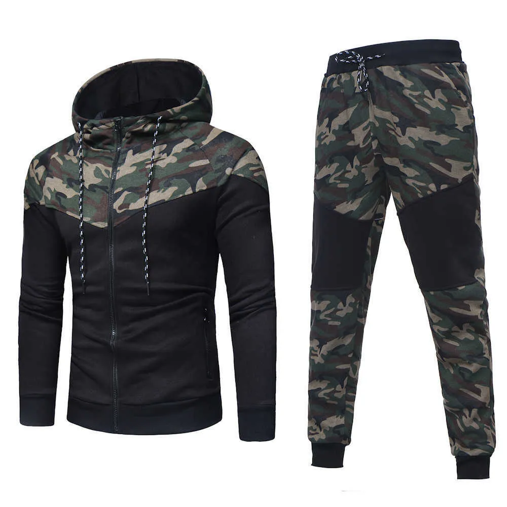 Stijlvolle bar heren camouflage run jogging pakken kleding sport set lange trainingspak en broek gym fitness workout panty kleding # x0610