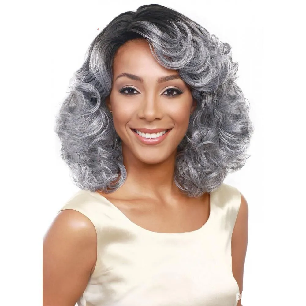 Grå färg Curly WAVY SYNTETISK PERIG SIMULATION Mänskliga hårspår Hårstycken för svarta och vita kvinnor Pelucas K413520324