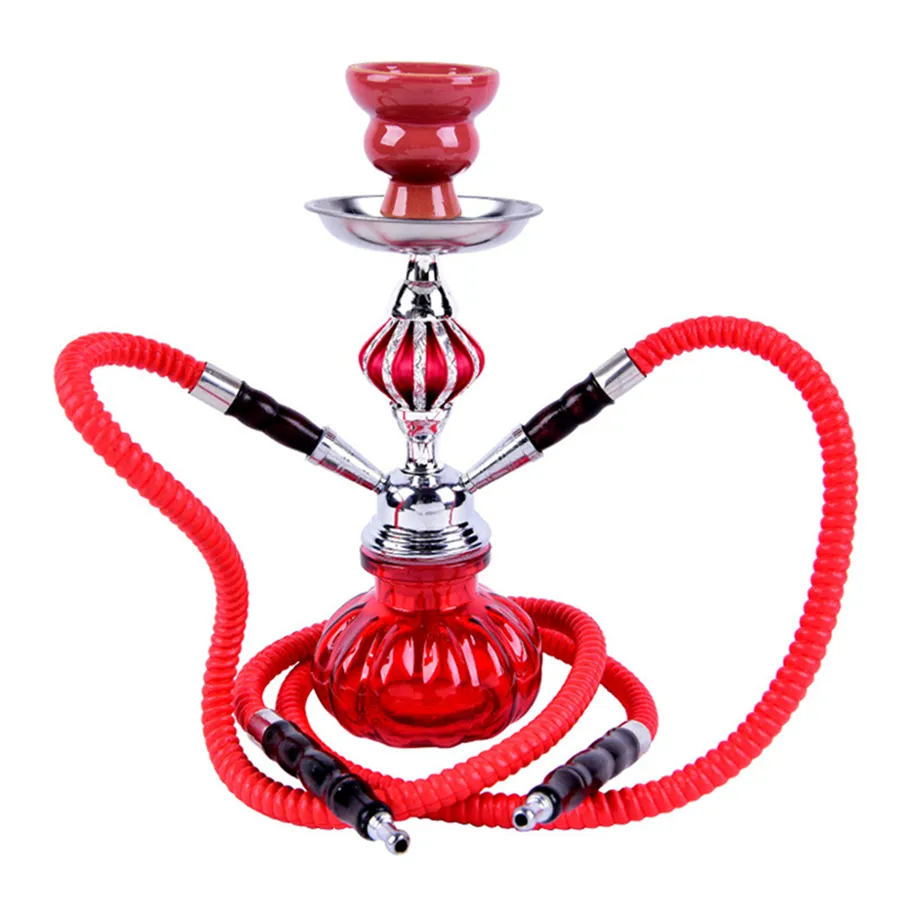 Dubbla slangar som är vattenpipa resor shisha pipe set nargile chicha narguile completo med skål metall koltångar rökrör c03123911264