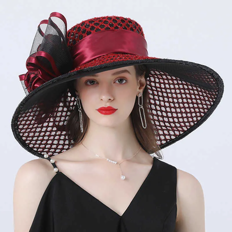 Chapeau de soleil en maille à fleurs pour femmes, 16cm de large, avec nœud, robe d'été, plage, église, Derby, fascinateur, fête de mariée, mariage, 210608272k