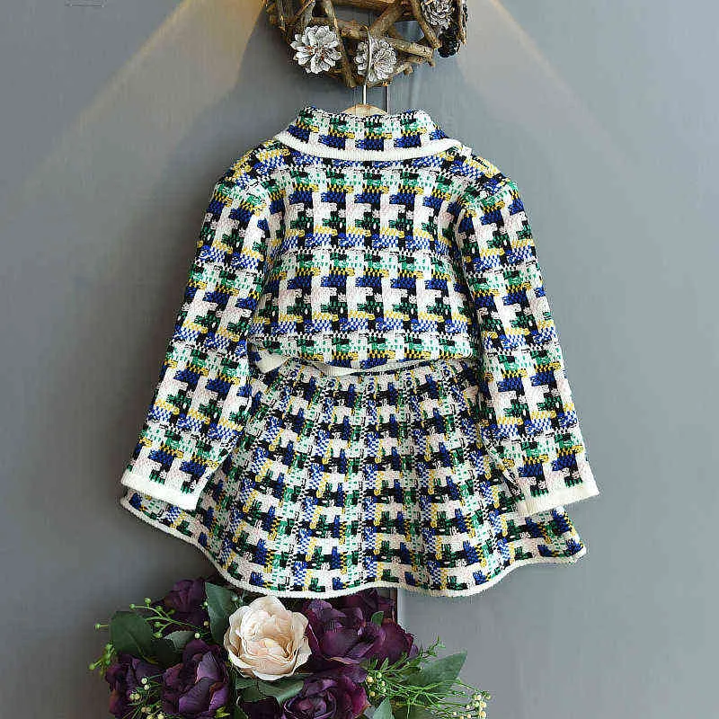 Girls Cardigan Two-piece Children Knitted Short Skirt Toddler Girl Fall Clothes Winter Autumn Outfits 211104