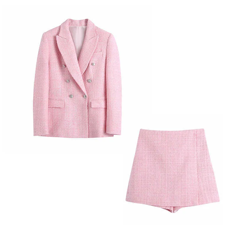 Professional Casual Women's Pants Suit 2-piece High-quality Double-breasted Pink Jacket Slim High Waist Skirt 210527