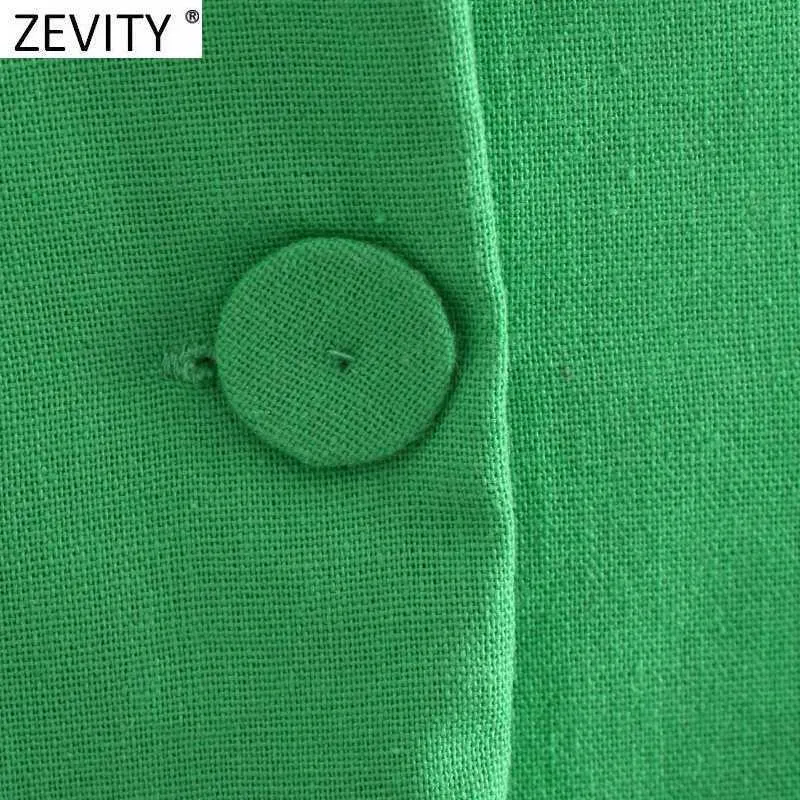 Zevity Frauen Mode Grüne Farbe Kerb Kragen Leinen Blazer Mantel Weibliche Chic Taschen Business Casual Cardigan Anzüge Tops CT736 210927