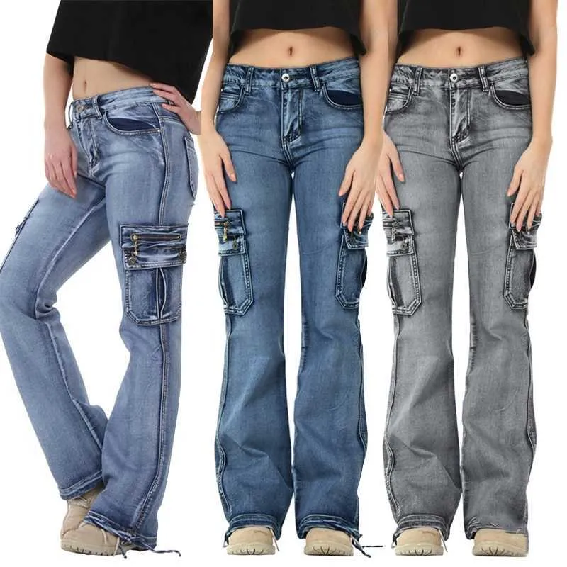 Jeans Femme Taille Haute Jambe Large Y2K Cargo Flare Vintage Casual Multi Poche Lavé Denim Bell Bottom Pantalon Plus Taille 210809