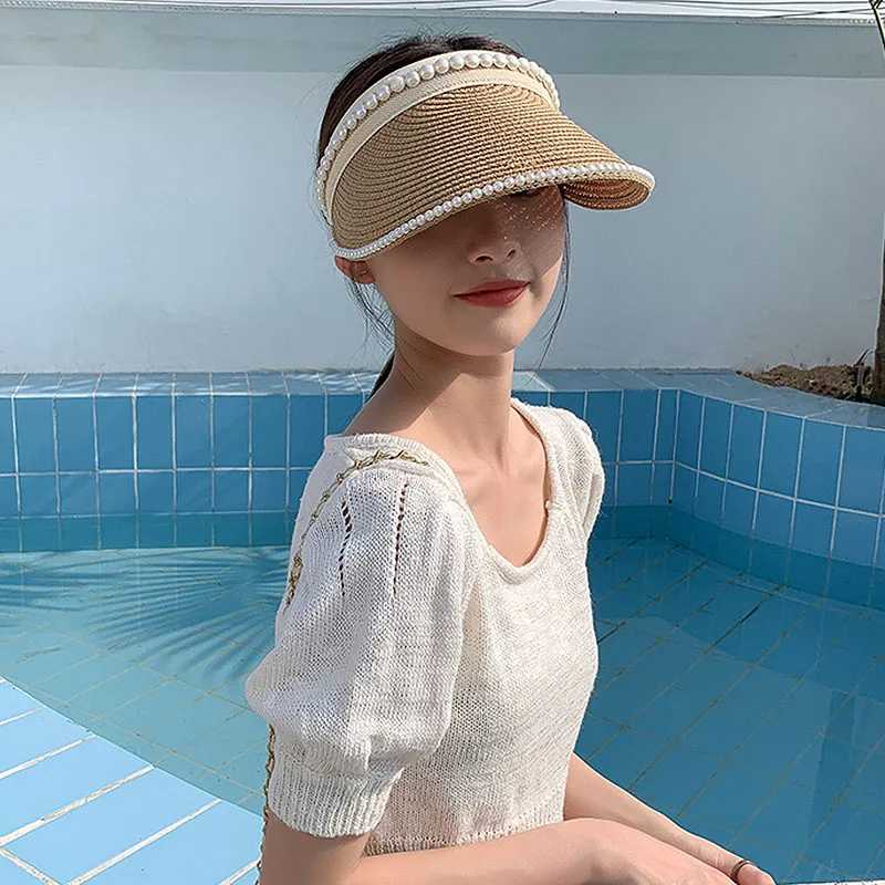 Damen-Sonnenblende-Hüte mit Perle, handgefertigt, für den Strand, faltbar, aufrollbar, breite Krempe, Sommer-Strohhut, Mütze für Damen