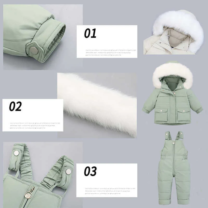 2021 Winter Unten Set Kinder Kleidung Echtpelz Kragen Parkas Mädchen Ski Anzug 2 stücke Set Baby Overalls Junge Schneeanzug infant Kleidung H0909