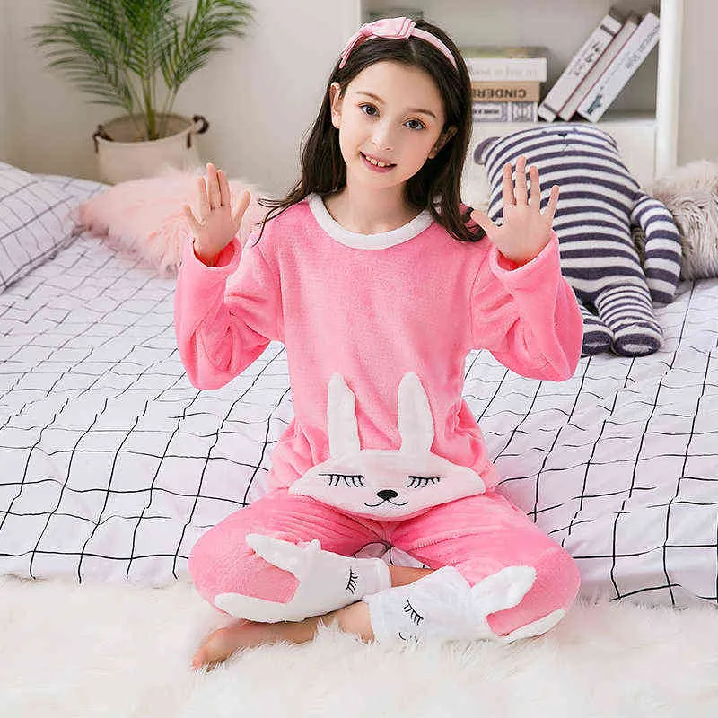 Arrivals Autumn Winter Warm Flannel Children Pajamas Set Cute Sleepwear Suit Girls Nightwear Pants Boys Kids Gift 211105