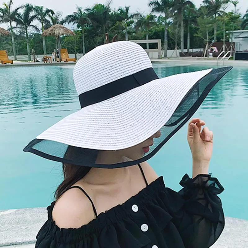 Широкие шляпы на летнее солома Большое солнце для женщин ультрафиолетовая защита Панама Флоппи -пляж Кружевая шляпа Chapeau199q