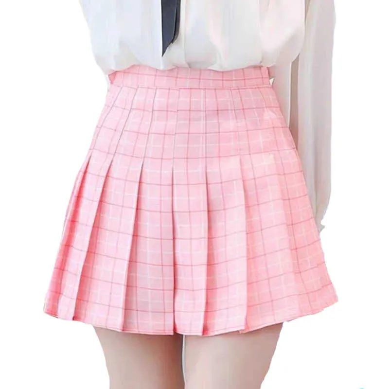 zoki格子縞の女性のスカート夏のハイウエストプリーツミニスカートファッションカジュアルなJK日本の制服Aライン原宿踊りファルダ210708