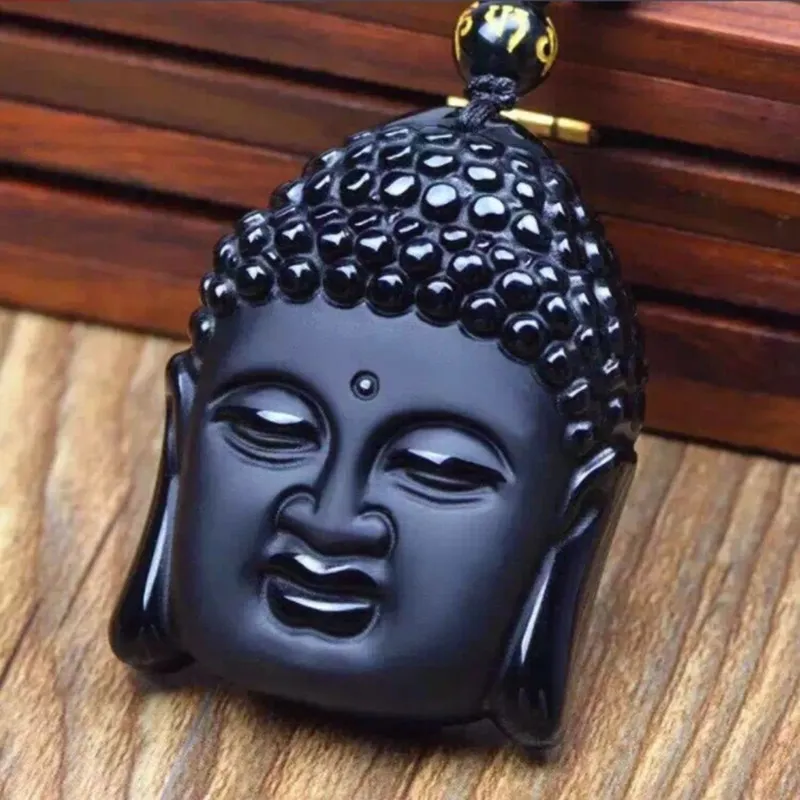 Hänge halsband lyckliga naturliga svarta obsidian como Buddha huvudpärlkedja amulet förmögenhet halsband buddhism meditation män kvinnor 236h