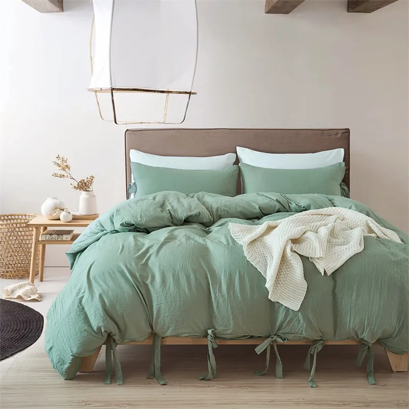 Nordique Simple Style nœud papillon ruban blanc vert ensemble de literie housse de couette double reine roi taille 3 pièces taie d'oreiller couette maison