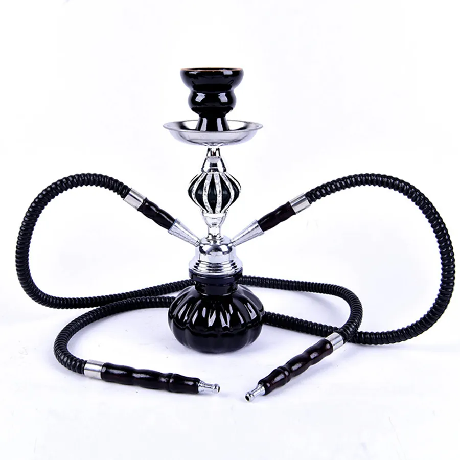 Dubbele slangen Hookah Travel Shisha Pipe Set Nargile Chicha Narguile Completo met Bowl Metal Charcoal Tongs Smoking Pipe C03122197011