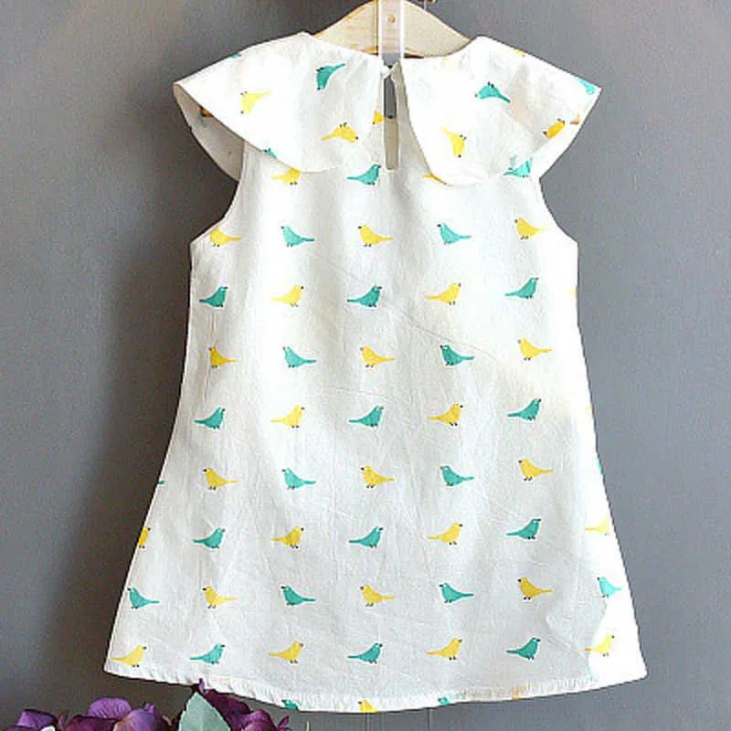 Miłość Ddmm Dziewczyny Sukienki Letnie Odzież dziecięca Dziewczyny Cute Cartoon Ptak Drukowanie Duży Lapel Koronki Słowo Dress 210715