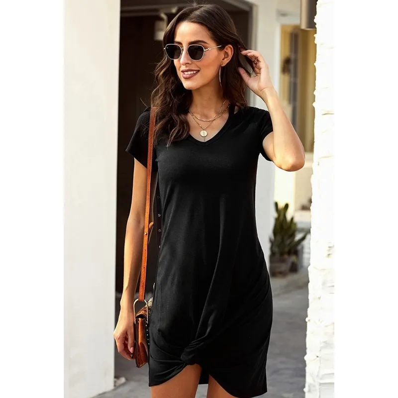 Женский чистый цвет V-образным вырезом с коротким рукавом, завязанные повседневные футболки платье черного х0521
