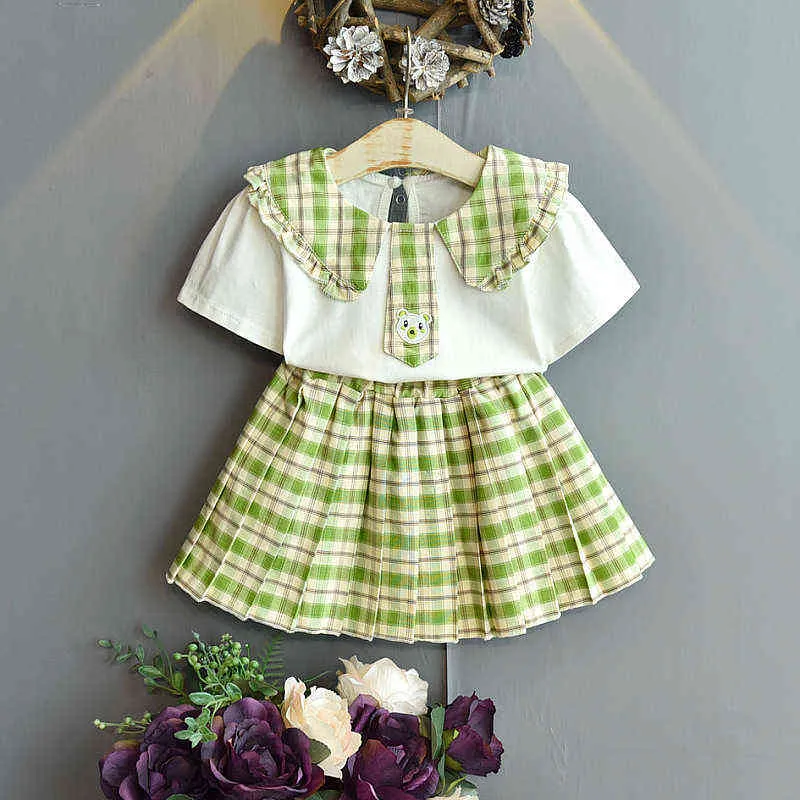 Gooporson Summer Little Girls Clotce Cute Plaid Koronki Kołnierz Krótki Rękaw Shirtskirt Cartoon Dzieci Odzież Set Dzieci Stroje G220310