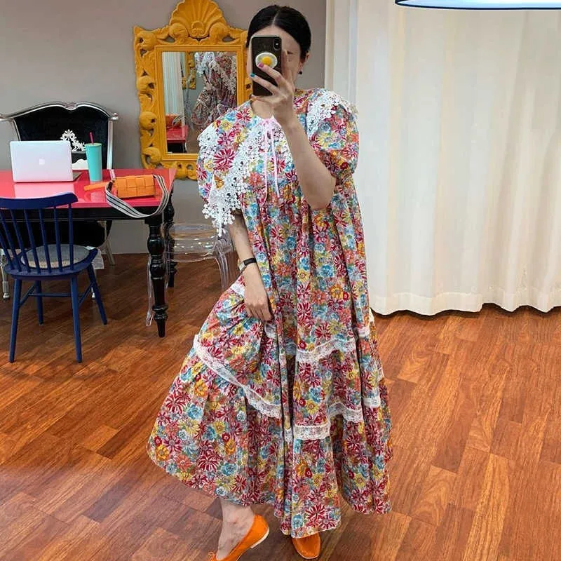 Korjpaa Kvinnor Klänning Sommar Koreansk Chic Western Style Lapel Floral Utsmyckad Lös spets Stitching Fruit Print Vestidos 210526