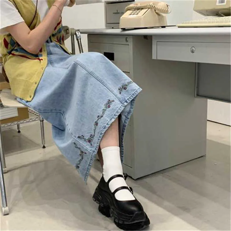 Vintage broderare lång denim kjol kvinnor koreanska modekläder lösa maxi kjolar koreanska avslappnade hög midja jeans saia streetwear 210619