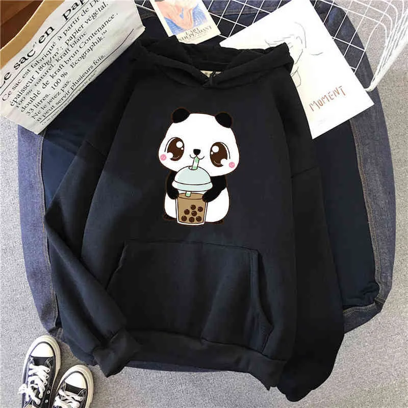 Söt tecknad panda dricka vatten print man sweatshirt fleece pocket löst hooded streetwear kvinna bekväm hoody anime hoodie h1227