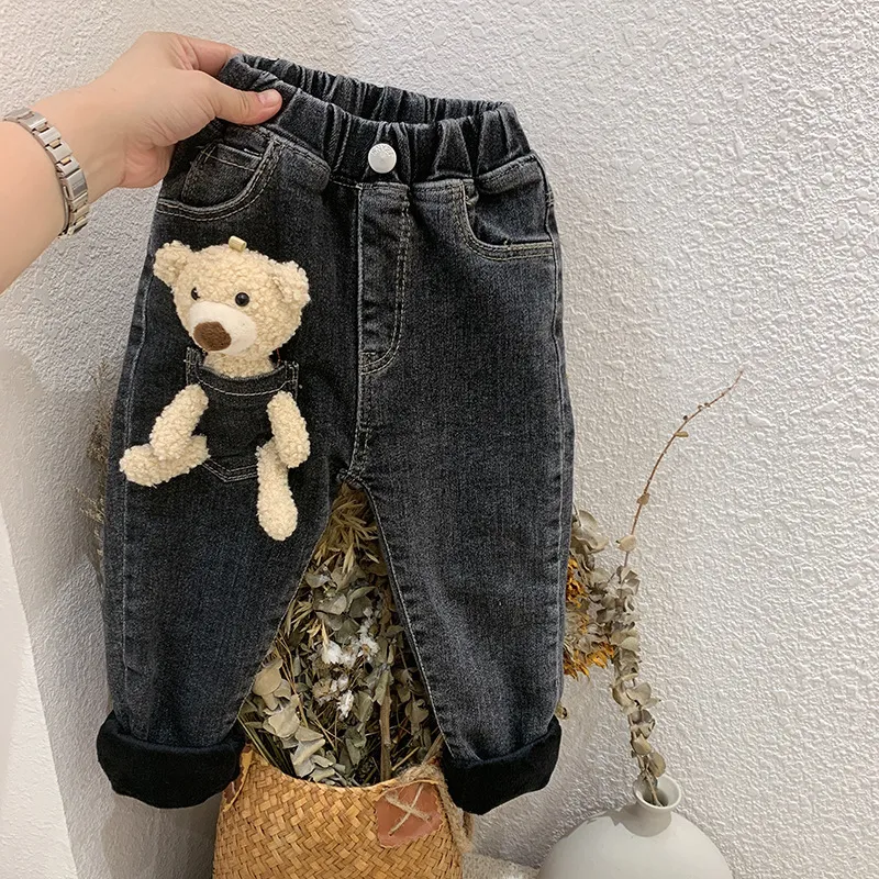 2-6 ans hiver filles garçons mignon dessin animé ours jean pantalon bébé enfants enfants épais chaud polaire Denim pantalon 210303