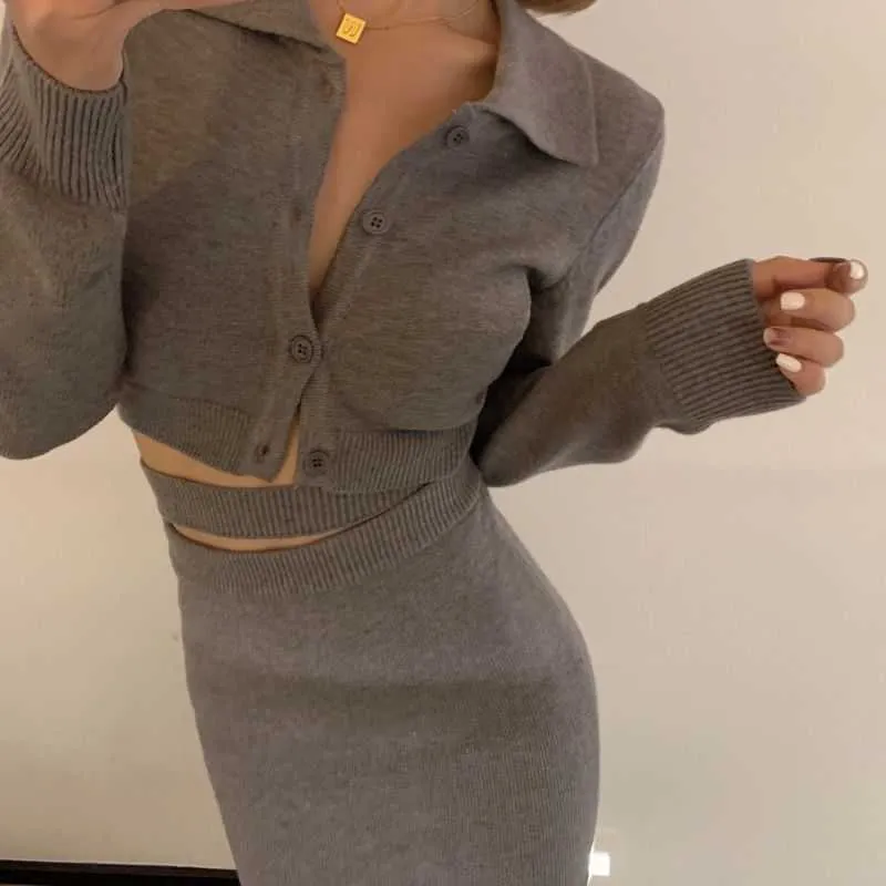 Women Knitted Bandage Mini Dress Long Sleeve High Waist Hollow Out Polo Neck Single Brested Shirt Dresses Party Club Bodycon 210709