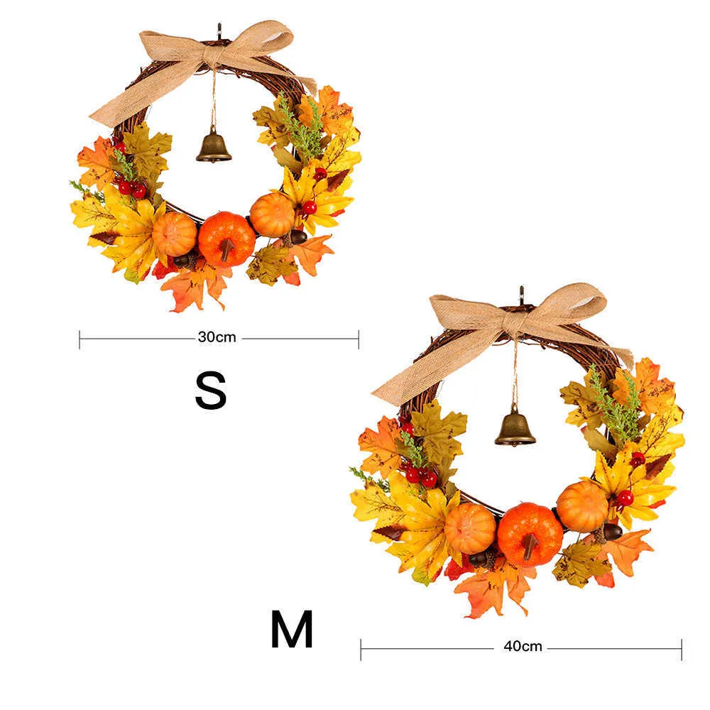 30/40CM Wreath Autumn Harvest Maple Leaf Pumpkin Front Door Wreath Leaf Pumpkin Door Hanging GarlandHome Decor Party Supplies Y0831