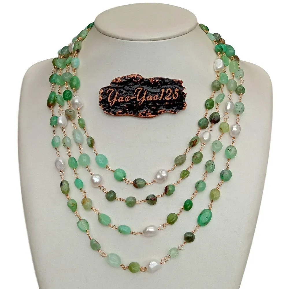 YYGEM 4 brins Naturel Vert Chrysoprase Forme Libre Culture Blanc Perle Baroque Collier Wrap 19