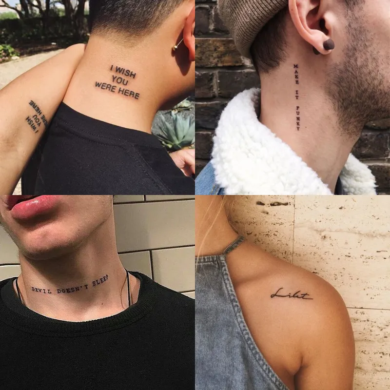 56 -arkvattentät tillfällig tatuering klistermärke svart djävulen sover inte engelska bokstäver tatoo fal tato nacke handled för kvinnliga män