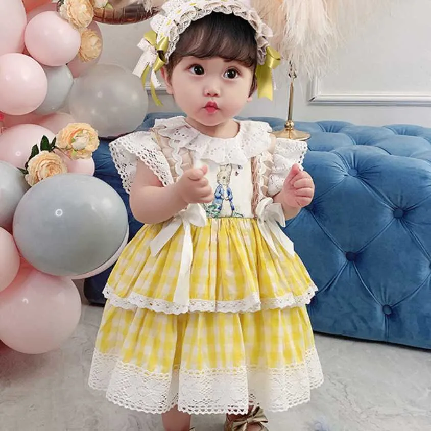 Summer Lolita Spanish Bow senza maniche Princess Ball Gown Party Dress Cute Girl Turkey Yellow Grid Rabbit For Bady Girl Q0716