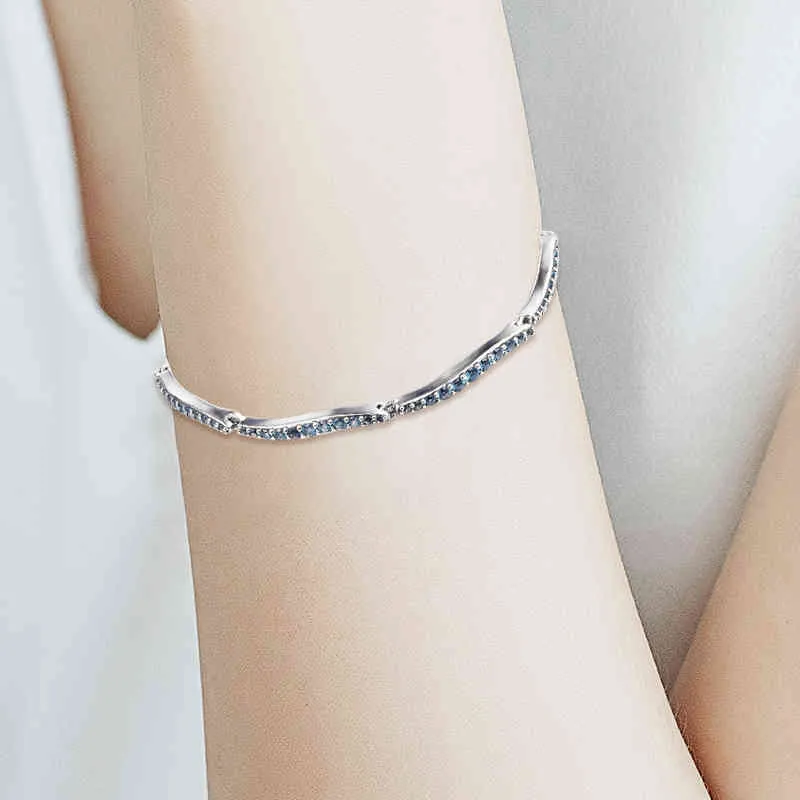 Blauwe golvende schuifregelaar armband Argent 925 Sterling zilveren kristallen link armbanden voor vrouwen meisjes originele sieraden pulseras 2021