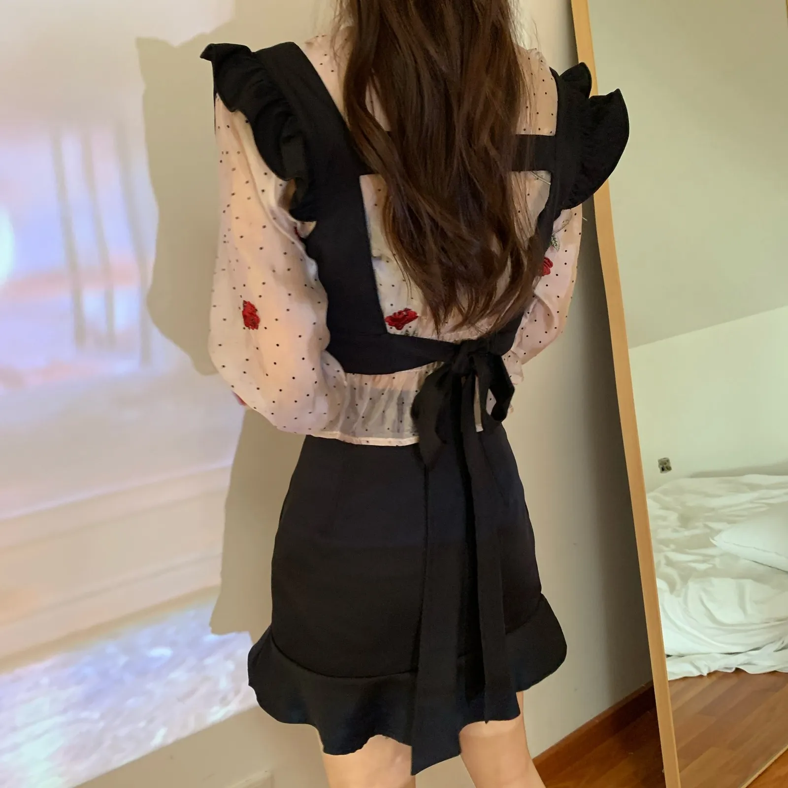 Nomikuma Korean Rose Embroidery Dot Women Blouse Stand Neck Short Sweet Shirt + Back Bow Bandage Ruffle Sleeveless Vest 21302