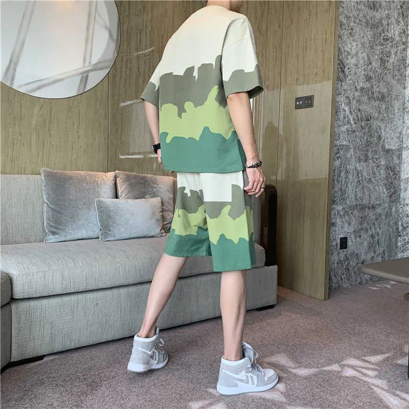 2021 moda estiva sfumatura di colore tuta casual da uomo T-shirt + pantaloncini 2 pezzi Set da uomo streetwear Jogger tute 5XL X0909
