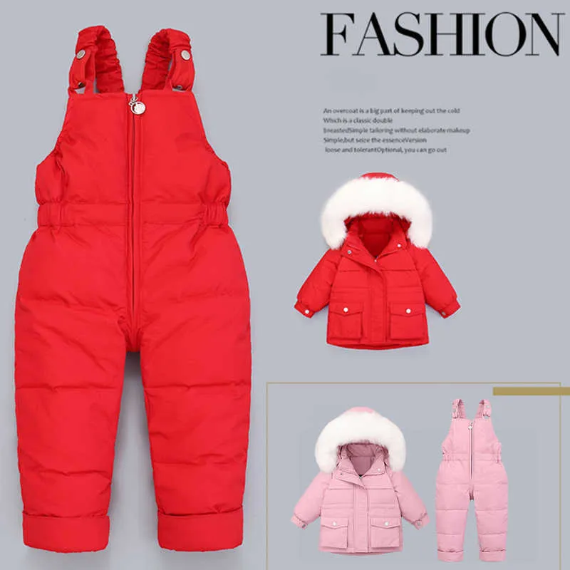 2021 Winter Unten Set Kinder Kleidung Echtpelz Kragen Parkas Mädchen Ski Anzug 2 stücke Set Baby Overalls Junge Schneeanzug infant Kleidung H0909