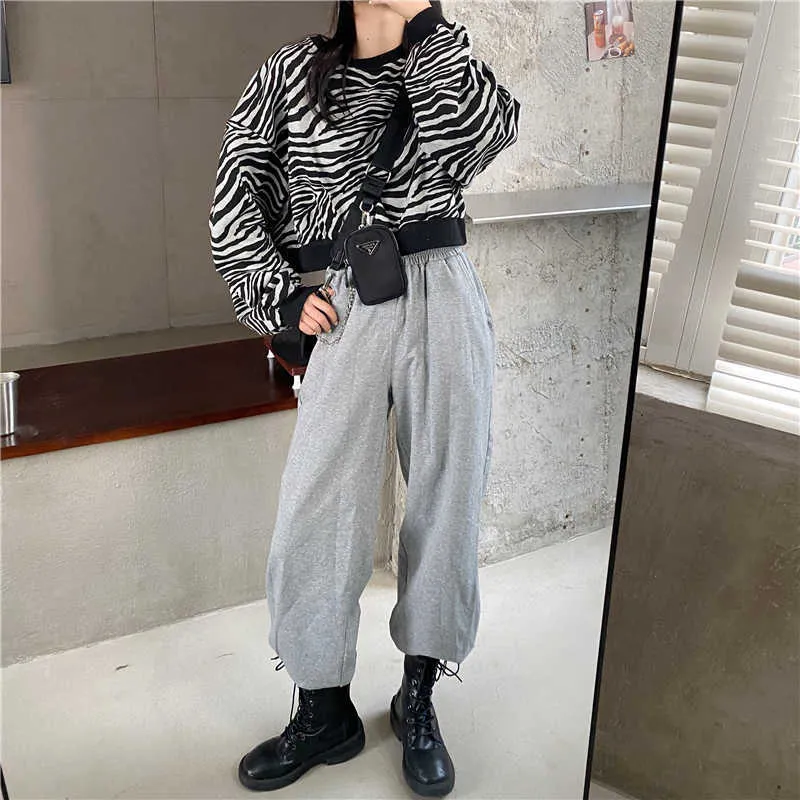 Veste de sweat-shirt léopard à manches longues rayées printemps et automne style coréen de style coréen lâche mode courte 210529