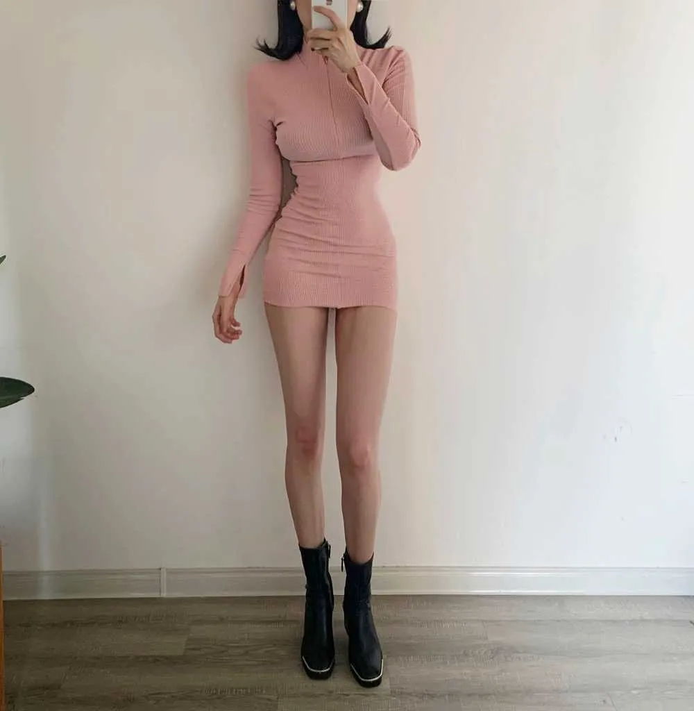 Pink Sexy Summer Autumn Women's Clothing Long-sleeved Zipper Dress Striped Fold Fashion Girl Female Dresses E186 210603