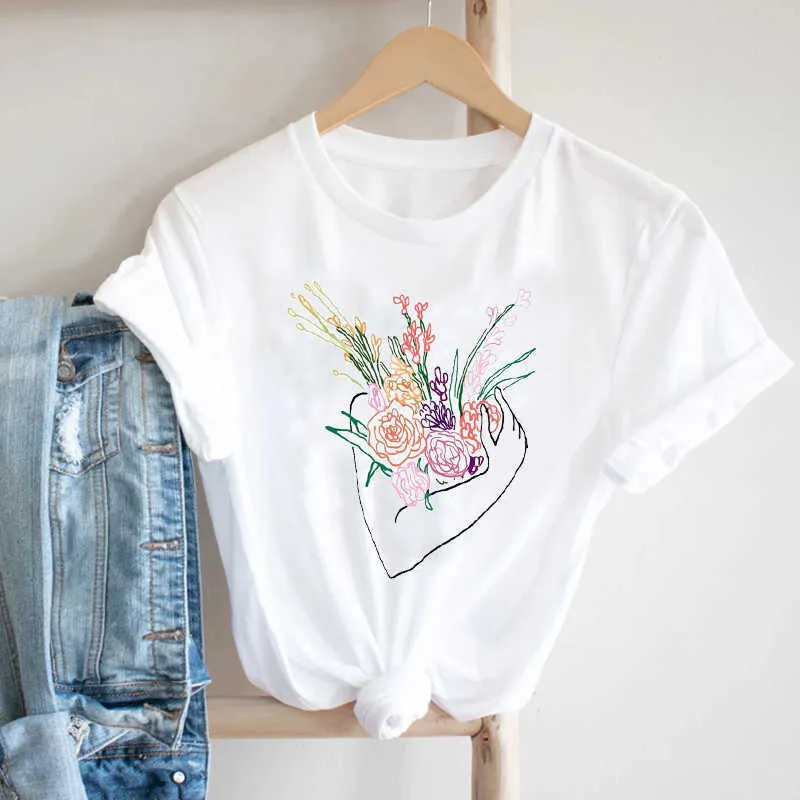 Kvinnor Kortärmad Utskrift Akvarell Gullig Blommor Ladies Blomma 90s Mode Kläder Print Tshirt Kvinna TEE Top Grafisk T-shirt x0628
