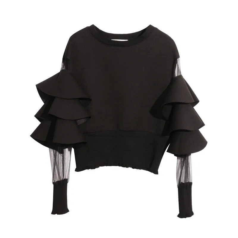 Twotwinstyle Patchwork Mesh Perspective Kort kvinnlig tröja för kvinnors topp tröjor Löst svarta höstens toppkläder 201203