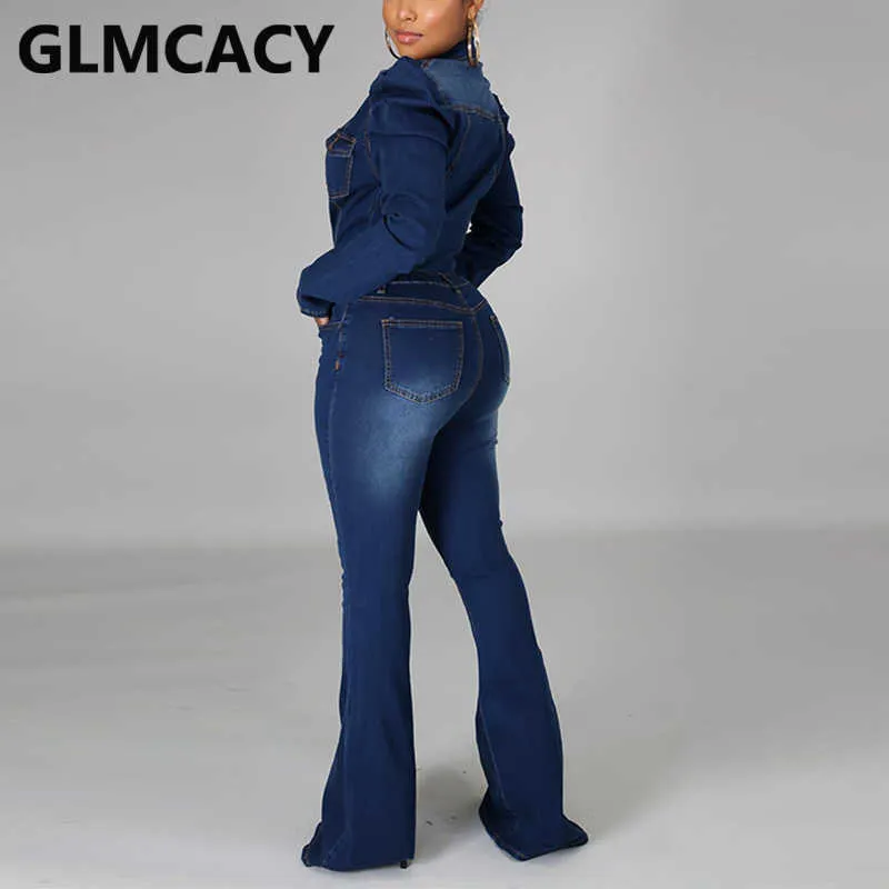 Femmes Puff Sleeve Casual Denim Combinaison Pocket Design Chic Jeans Salopette 210702