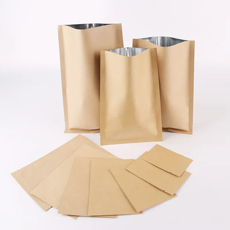 Open Top Kraft Paper Mylar Folie Väska Värmevakuum Tätning Tear Notch Mat Storage Förpackning Påsar För Kaffe Candy Tea Pack