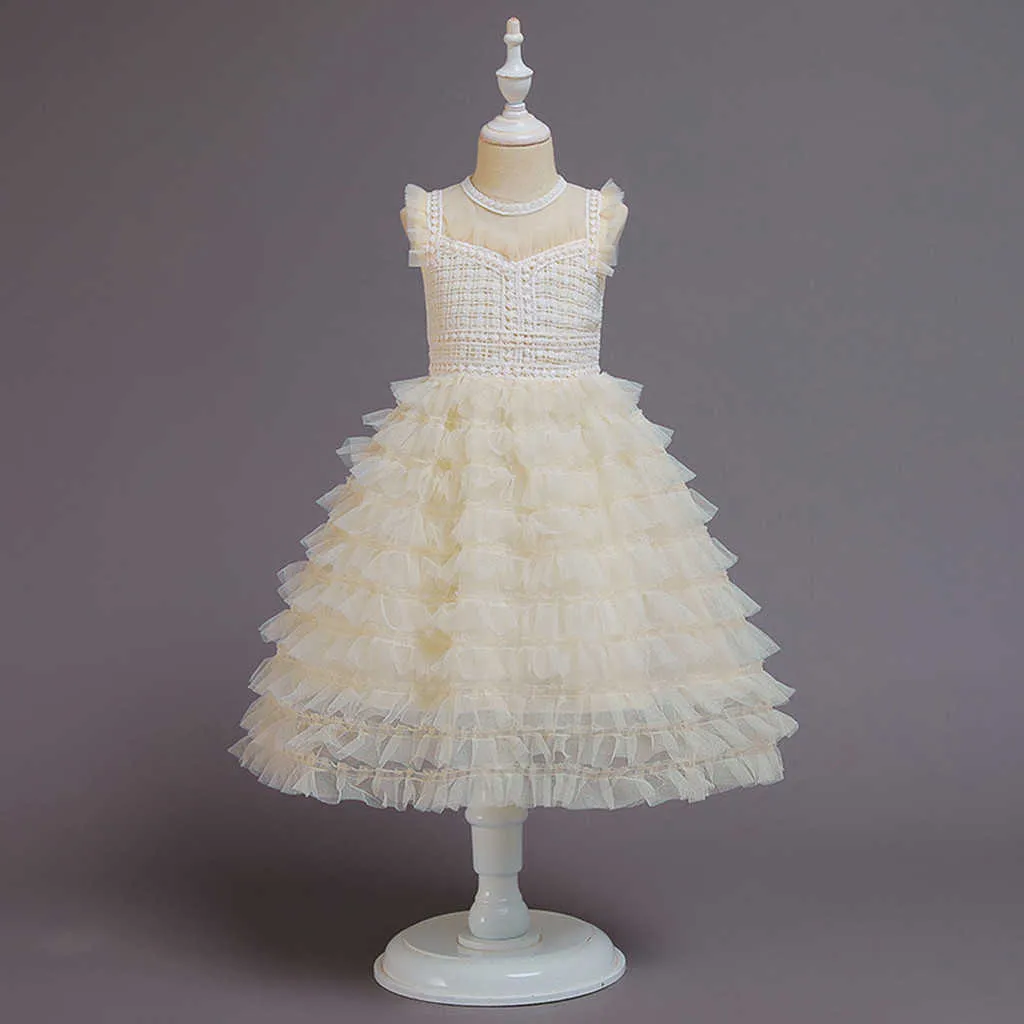 Robes de princesse en couches de tulle de dentelle pour les filles robes de demoiselle d'été sans manches pour les mariages sukienki Q0716