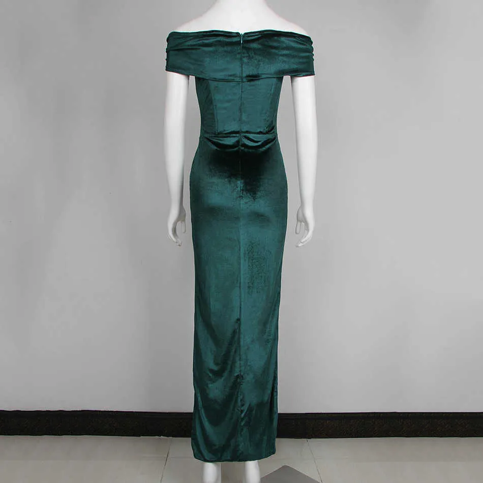 ファッショングリーンベルベット非対称のぶら下がっている長いオフショルダーコルセットドレス女性のパーティークリスマスvestido 210527