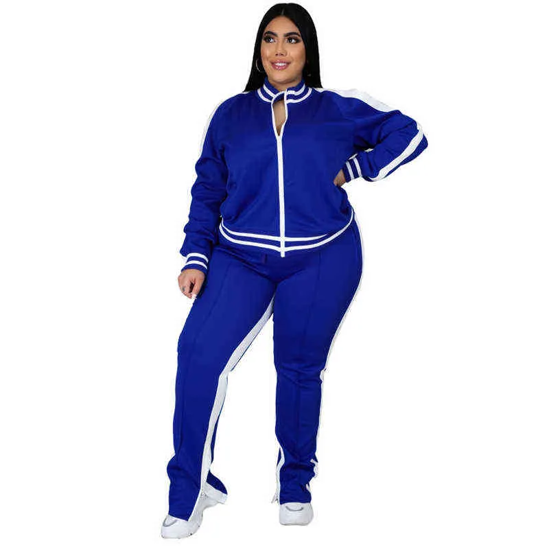 Taglie forti L-5XL Set da due pezzi Tuta da donna Zip a righe Pantaloni sportivi con spacco Pantaloni da jogging Completo coordinato Goccia all'ingrosso 211116