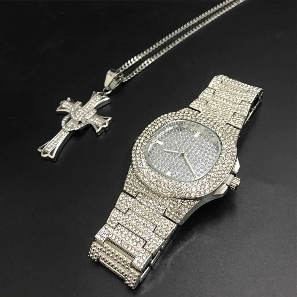 Luxury Men Gold Silver Color Watch & Necklace Combo Set Necklace Chain Ice Out Cuban Watch Hip Hop Stylish Hip Hop For Men H1022